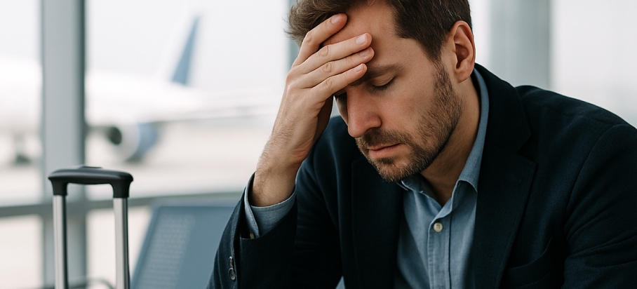 Homem aguardando solução para problemas em voo